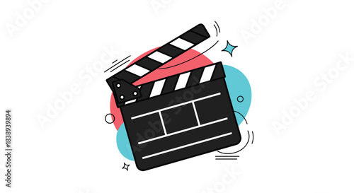 A black movie clapperboard with white stripes is shown against a white background with colorful abstract shapes and starbursts.