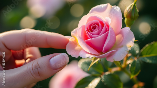 Close-up of a woman's hand with a french manicure touching a pink rose. Delicate flower with dew drops in a sunlit garden