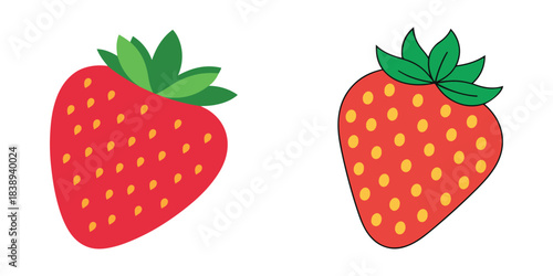 Fresh red strawberry vector set with green leaves and seeds. Clean flat style perfect for food, fruit, healthy lifestyle, packaging, and illustration projects.
