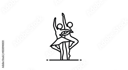 Two stick figure ballet dancers in motion with arms extended upwards and a skirt.