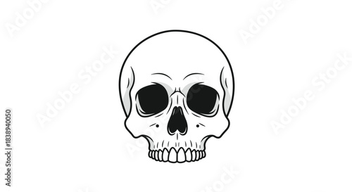 A simple black and white illustration of a human skull facing forward with empty eye sockets.