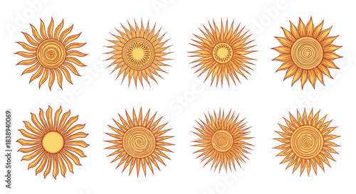 Collection of eight vintage-style sun illustrations with intricate details and radiating rays.