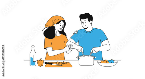 Couple cooking together in a kitchen, preparing a meal with fresh ingredients.