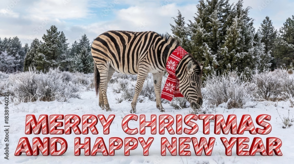 Naklejka premium Zebra Winter Christmas Day - A zebra wearing a scarf wishes happy holidays. The scarf symbolizes warmth, the zebra represents nature, and the snow signifies peace