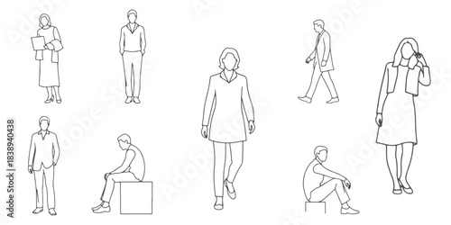 CAD line art drawings of people standing and moving in different poses, diverse human figures in various gestures and activities, minimal vector illustration