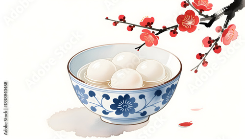 Elegant seasonal tangyuan with blue porcelain and plum blossoms