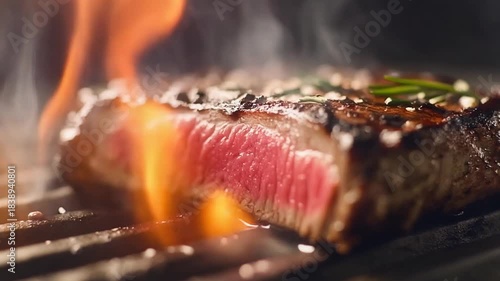 A juicy, thick-cut medium-rare steak sizzling on a hot grill with rising steam.