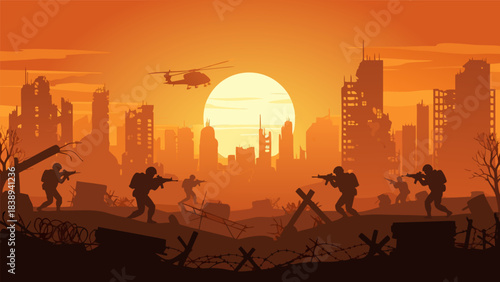 Silhouettes of soldiers in a war-torn city at sunset with a helicopter flying over destroyed buildings, depicting a post-apocalyptic scene.
