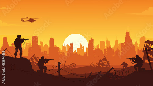 Silhouettes of soldiers in a war-torn city at sunset with a helicopter flying overhead, depicting a scene of conflict and destruction.