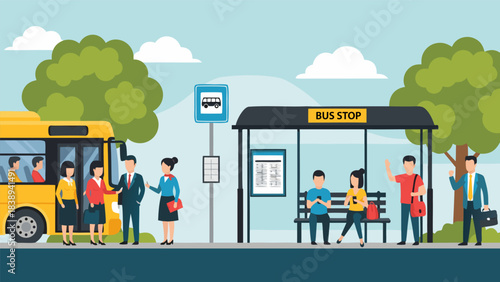 People waiting and boarding a yellow public bus at a city bus stop illustration.