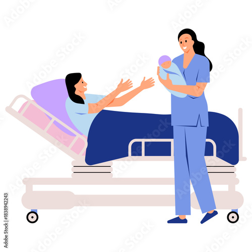 Nurse Helping Patient in Bed born Baby healthcare mother