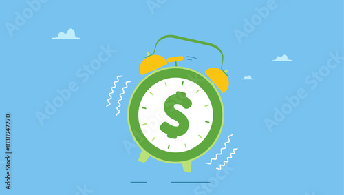 Ringing alarm clock with dollar money sign on clock face. Time for money, making profit from investment, promotion alert for bargain deal, bill payment or deadline to start building wealth.