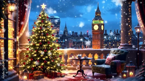 A Magical Snowy Christmas Balcony Scene Overlooking Big Ben and London's Skyline with Twinkling Lights