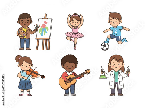 Cute vector illustration of diverse children engaged in various hobbies and future professions like art, dance, music, sports, and science