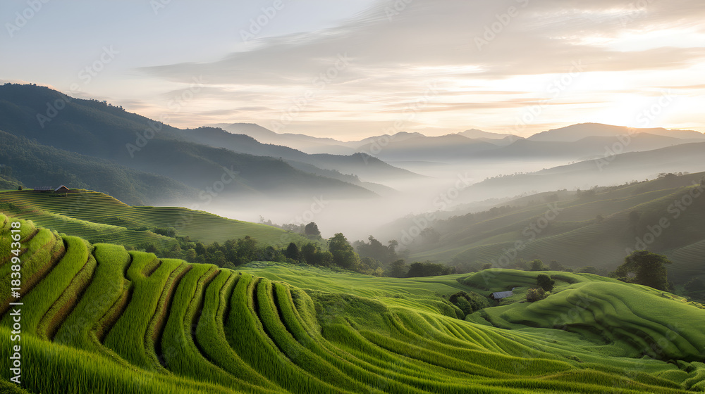 Fototapeta premium Sunrise over Terraced Hills: A breathtaking panoramic vista unfolds, showcasing verdant terraced hills bathed in the soft glow of dawn, with gentle fog weaving through the valleys.