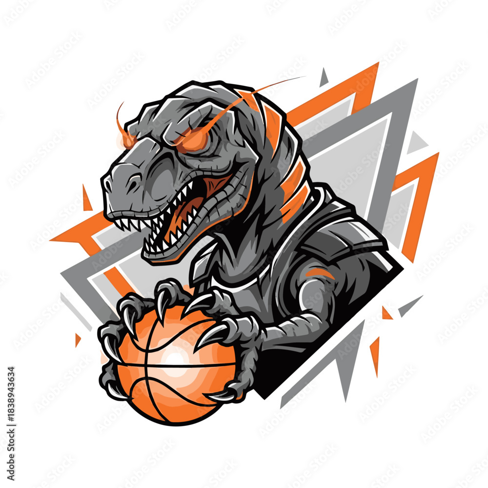 Fototapeta premium Dynamic T-Rex Basketball Mascot with Glowing Orange Eyes and Geometric Background