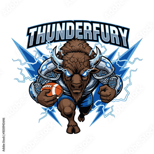Thunderfury Bison Football Mascot with Cybernetic Armor and Lightning Background