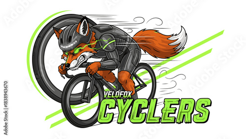 Velofox Cyclers Mascot: Dynamic Cartoon Fox Riding Race Bike with Green Accents