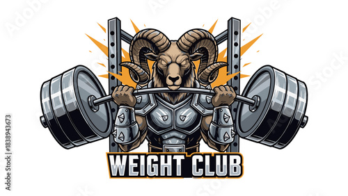Aggressive Ram Bodybuilder Mascot with Barbell for Weight Club Logo