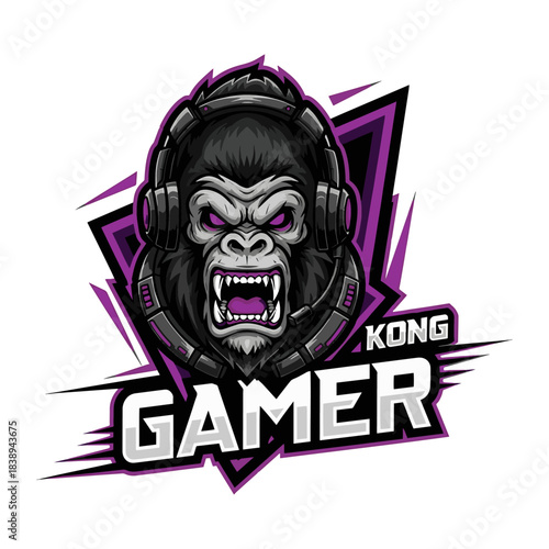 Aggressive Gorilla Gamer Logo with Purple Eyes and Headphones