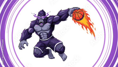 Aggressive Purple Gorilla with Glowing Eyes Dribbles Flaming Basketball