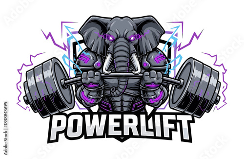 Powerlifting Elephant Mascot with Glowing Eyes, Barbell, and Electric Effects