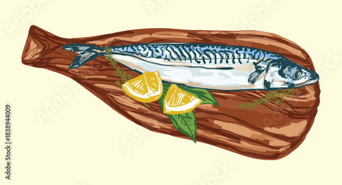 Raw Mackerel Fish with Lemons and Herbs on Wooden Board Illustration