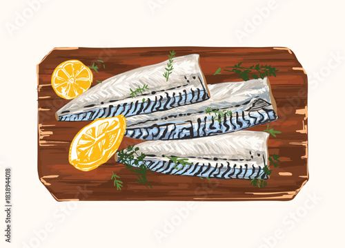 Vintage Mackerel Fillet with Lemon Illustration on Wooden Board