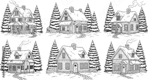 Collection of six hand drawn winter cabins and pine trees