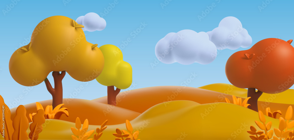 Fototapeta premium autumn forest nature background, orange grass playground 3D plastic style, vector cartoon field with trees ant plants