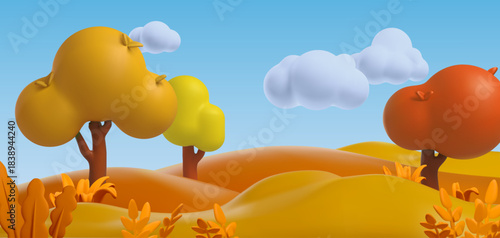 autumn forest nature background, orange grass playground 3D plastic style, vector cartoon field with trees ant plants