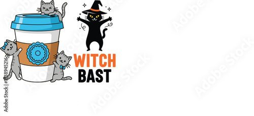 Cute Set of Cartoon Cat Characters Playing on a Coffee Cup Alongside a Spooky Black Cat Wearing a Witch Hat for Halloween and Beverage Themed Vector Graphics