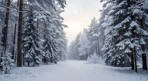 A snow-covered forest path winds through tall evergreens blanketed in white, illuminated by a soft light filtering through
