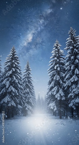 A snow-covered forest path leads toward a brilliant light under a starry, milky sky. Evergreens are heavily dusted with snow