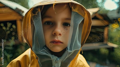 a child in protective clothing near a beehive with bees. Selective focus
