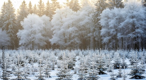 A snow-covered forest, the foreground with small trees, the backdrop with larger, frosted trees under a bright winter sky