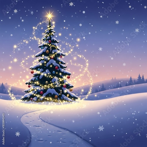 A snow-covered landscape scene features a decorated evergreen tree sparkling with lights, set against a twilight sky and snowy hills