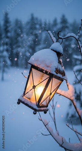 A snow-covered lantern glows warmly against a backdrop of a frosted forest, suggesting a cozy, wintry scene. The scene is illuminated