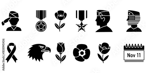 Veterans Day and Memorial Day Commemorative Icon Set Silhouette