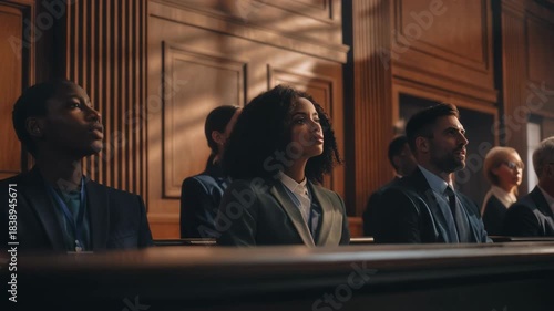 Diverse jury members attentively listening in a courtroom setting, showcasing legal proceedings and justice