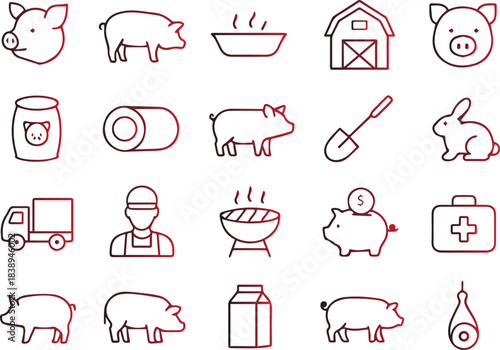 Farming Agriculture Line Icons Set Red Gradient Pig Livestock Supplies