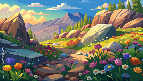 Very beautiful spring wildflowers covering rocky terrain, forming colorful patterns across open meadows, gentle slopes, and textured stones, capturing a serene natural landscape under warm daylight wi