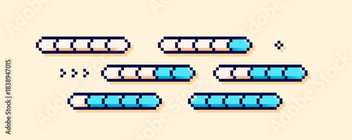 Pixel art percentage scale. Six blue loading process bars.