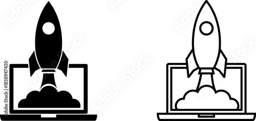 Rocket launching from laptop screen in black and white logo style for technology and innovation themes
