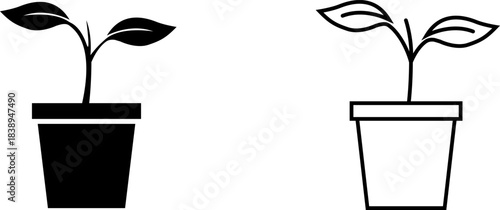 Two simple icons of plants in pots showing different styles, one filled and one outlined, suitable for various design needs