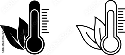 Design of two thermometers with leaves in black and white styles used for symbols of temperature and nature