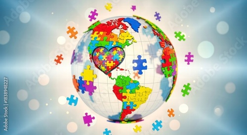 A World of Compassion: An artistic representation of a globe, artfully assembled from puzzle pieces, cradles a heart, symbolizing the interconnectedness of empathy and understanding.