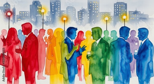 Urban Spectrum: A vibrant depiction of a city scene, featuring silhouetted figures engaged in various conversations, painted in a kaleidoscope of colors against the backdrop of an urban landscape.