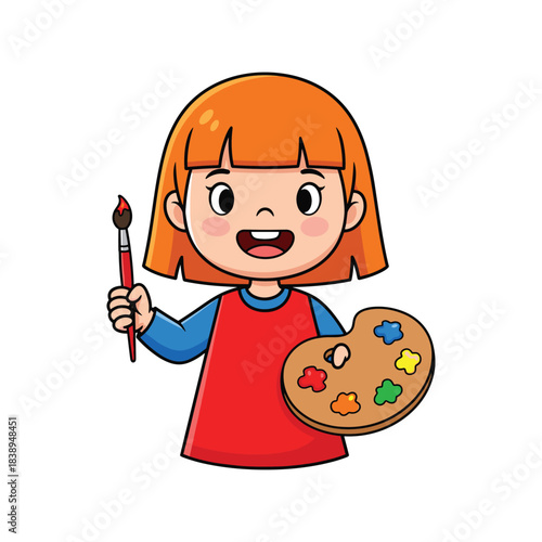 Happy little cartoon girl artist holding a paintbrush and colorful palette, ready to create. Perfect for children's art, education, and creative projects