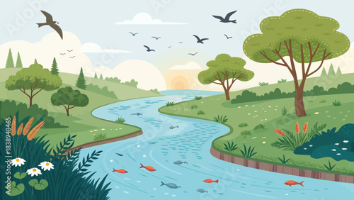 Flowing River with Wildlife in 3D Vector Art